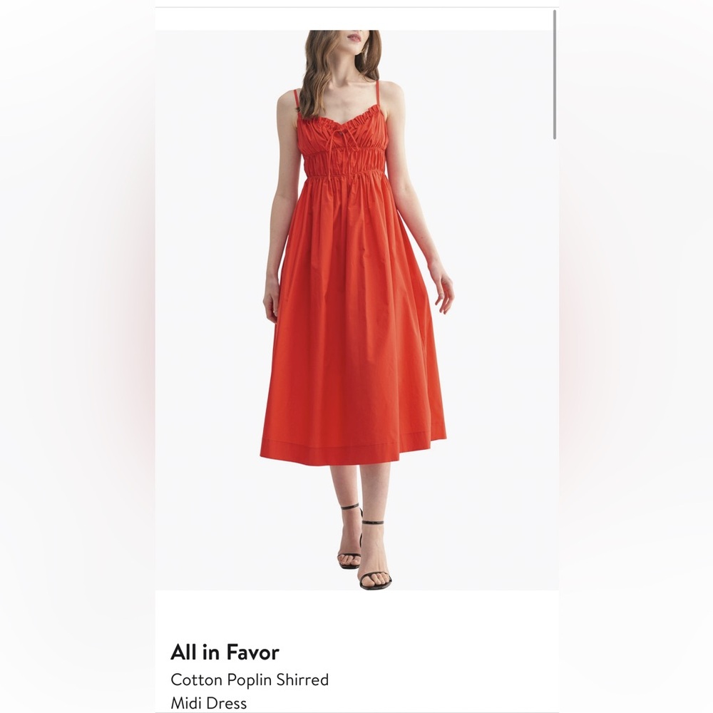 All in Favor Red Cotton Poplin Shirred Midi Dress medium